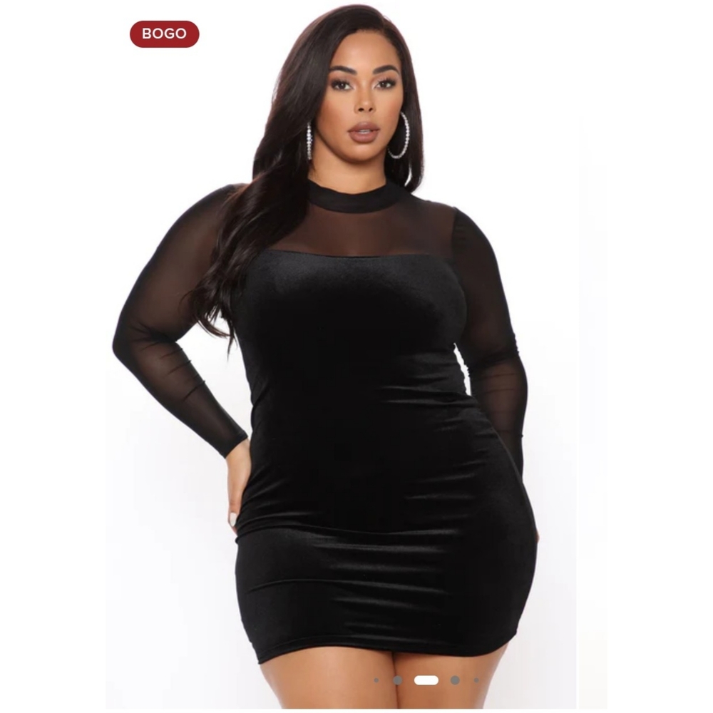 NEW Fashion Nova Sheer Bodice Sleeve Dress Sz 3X Plus Party Cocktail Black Plus